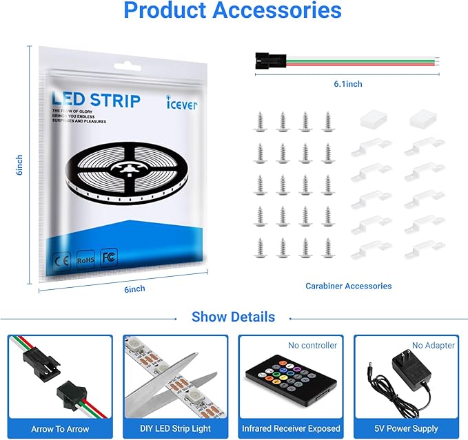 16.4FT WS2812B 5V LED Strip Lights 150 Individual Addressable RGB IC 5050SMD LEDs - Flexible Black PCB IP67 - 30LEDs/m MagicRGB Dream Color for DIY Chasing Color Project (No Power Supply & Controller)