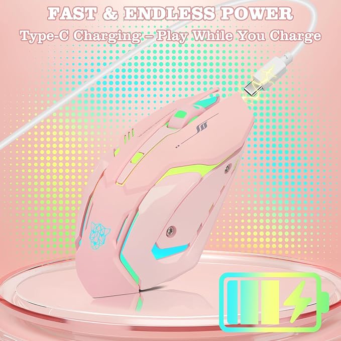 Wireless Gaming Mouse, Rechargeable Wireless Computer Mouse with Type-C Fast Charging, Ergonomic Mouse with 3 Adjustable DPI, 6 Silent Buttons, LED Light, Long Battery Life for Laptop, PC, Mac (Pink)