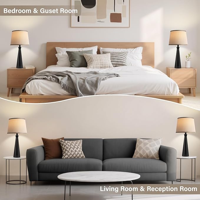 Seealle Modern Table Lamps Set of 2 - Touch Bedside Lamp for Nightstand with Dual USB C+A,3-Way Dimmable Nightstand Lamps for Living Room Bedroom End Table with Grey Shade(Bulb Included)