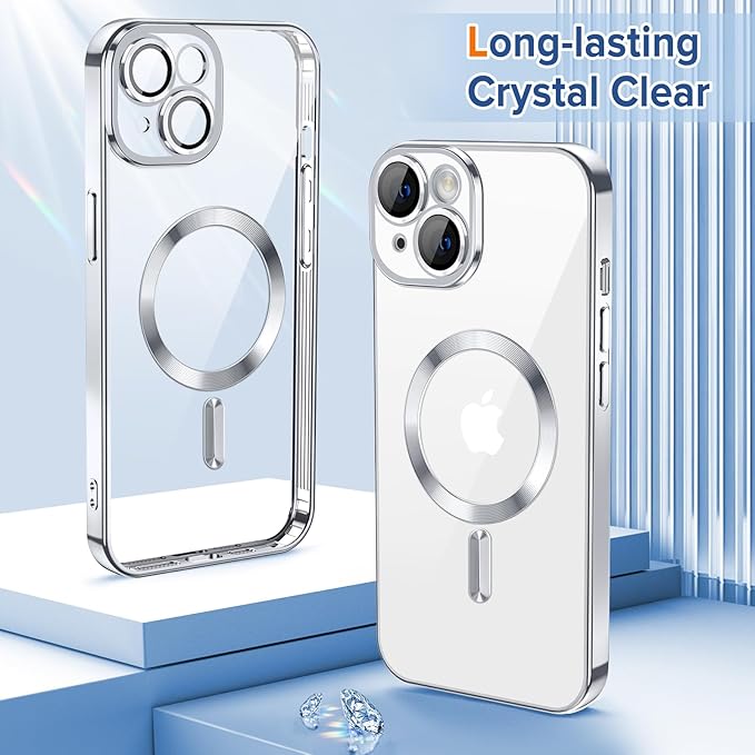 Hython Magnetic Clear for iPhone 14 Case with Camera Lens Protector [Compatible with MagSafe] Luxury Plating Edge Slim Soft TPU Cover Protective Phone Case for iPhone 14 6.1", Silver