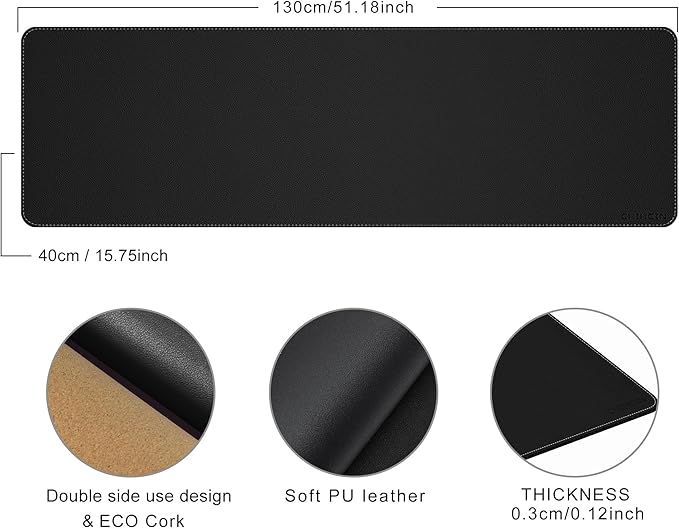 Chihein 51” x 16” Cork & PU Leather Desk Mat (Black) - Huge Mouse Pad, Double Sided Waterproof Desk Pad Protector for Gaming, Office, Home