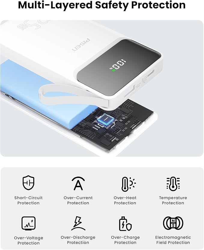 PISEN 3C Certified Power Bank - 10000mAh 22.5W CCC Power Bank with Built in Cable, Travel Battery Pack Portable 3C Charger with LED Display, Portable Charger with Built in Cable for iPhone, Samsung