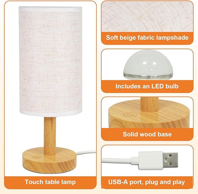 Small Touch Table Lamps Set of 2 with Stepless Dimming&USB Plug, Natural Round Wood Base & Linen Fabric Shade |Soft Ambient Night Light |Minimalist Boho Bedside Lamp for Bedroom,Nursery,Kitchen,Dorm