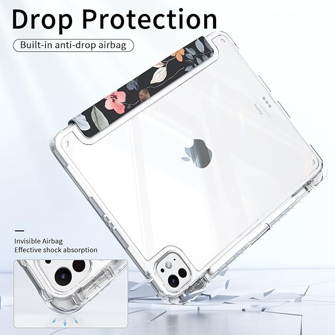 for iPad Air 13 Inch 2026/2025/2024 (M4/M3/M2) Case, iPad Pro 12.9-inch 6th/5th/4th/3rd Generation Case, Trifold Stable Stand Protective Clear Back Cover with Pencil Holder, Black Flower