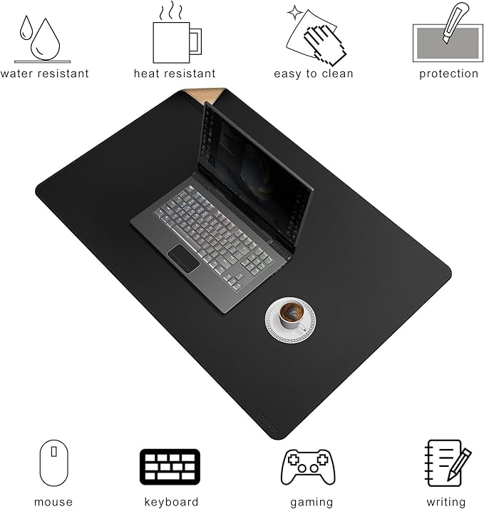 Chihein 35" x 24" Desk Mat with Cork & PU Leather, Dual Sided Desk Pad, Waterproof Computer Desk Mat for Gaming, Office, Home (Black)