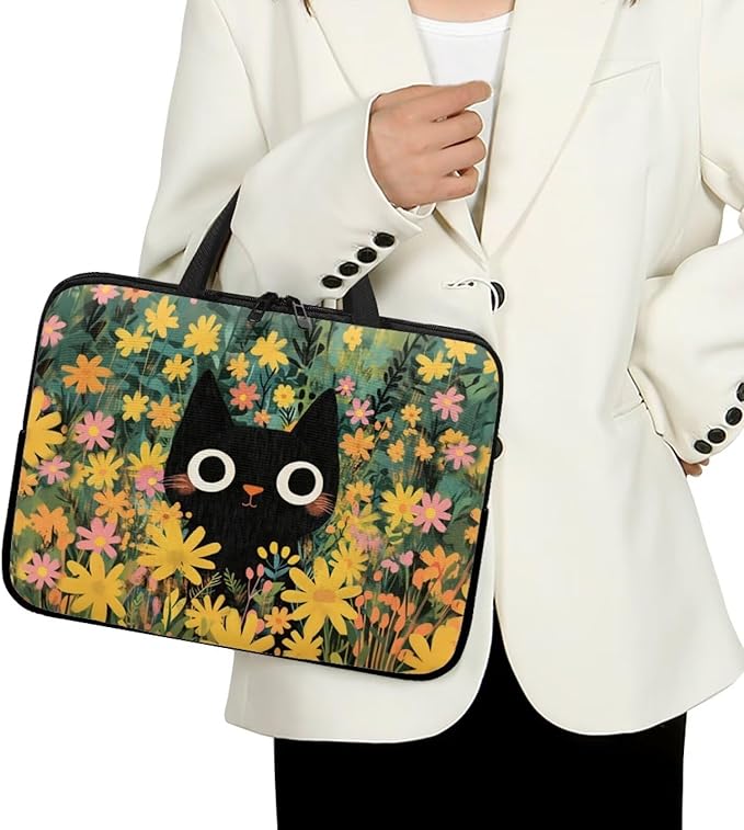 17 Inch Black Cat Flowers Laptop Sleeve Case, Sturdy Computer Bag Tablet Carrying Case with Handle, Tote Bags for Work/School/Travel, Large Capacity Notebook Messenger Briefcase