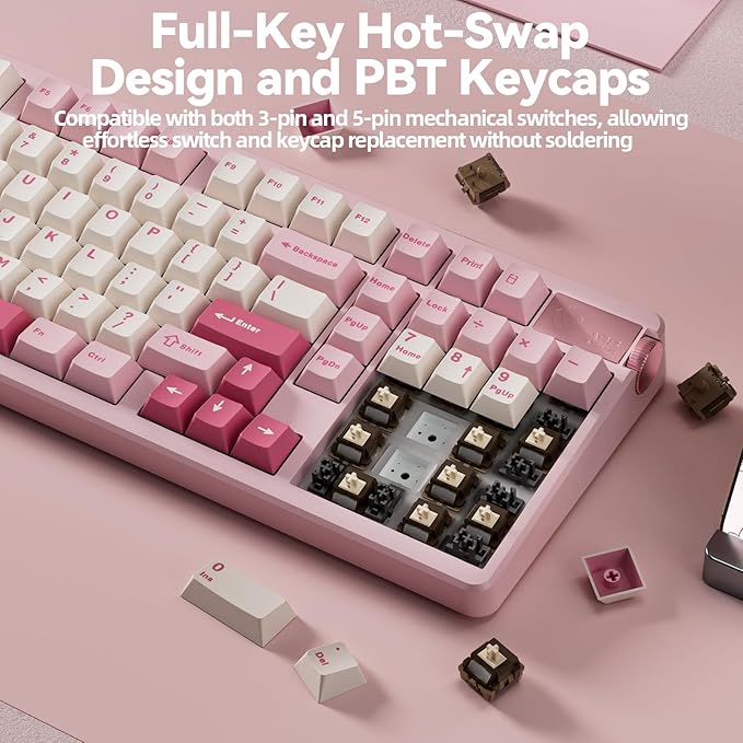 LEOBOG A98 Wireless Mechanical Keyboard, Tri-Mode BT5.0/2.4GHz/USB-C, Creamy Keyboard with Number Pad, Gasket Structure Hot Swappable, PBT Keycaps, RGB Backlit Pink Gaming Keyboard with Knob for PC