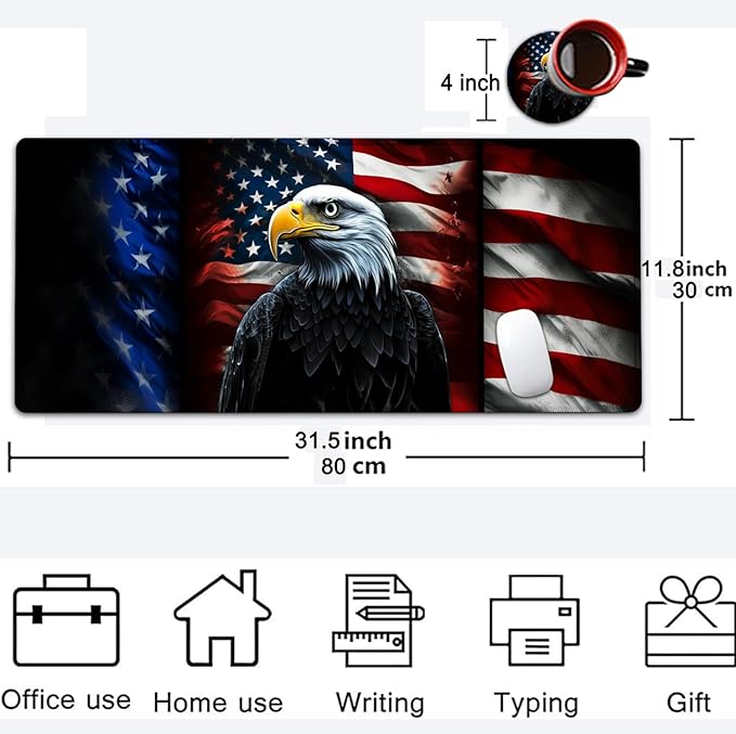 Large Mouse Pad, 31.5 x 11.8in Extended Gaming Mouse Pad with Stitched Edges, XXL Mousepad Protector Non Slip Rubber Base for Office and Home Writing Mat, Vintage USA Flag American Eagle Flag Desk Mat