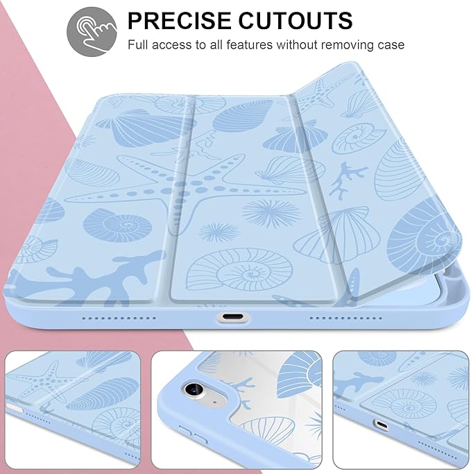 Case for iPad Air 13 inch 2026 M4 2025 M3 2024 M2 Release Slim Lightweight Shockproof Cute Blue Cover with Clear Back TPU Edge Pencil Holder Trifold Stand Auto Wake Sleep, Starfish and Shells