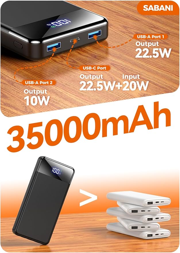 Portable Charger 35000mAh Power Bank - Powerbank with 4 Built in Cables, 22.5W Fast Charging Travel Camping Essential Battery Pack Compatible with iPhone 17 16 15 14 13 Samsung Google, 1 Pack