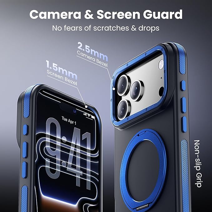 Strong Magnetic Case for iPhone 17 Pro(6.3", 2025) with Stand, Drop-Proof Bumper Cover with Contrast Color Border, Military-Grade Drop Protection, Shockproof Slim Thin Cover,Blue