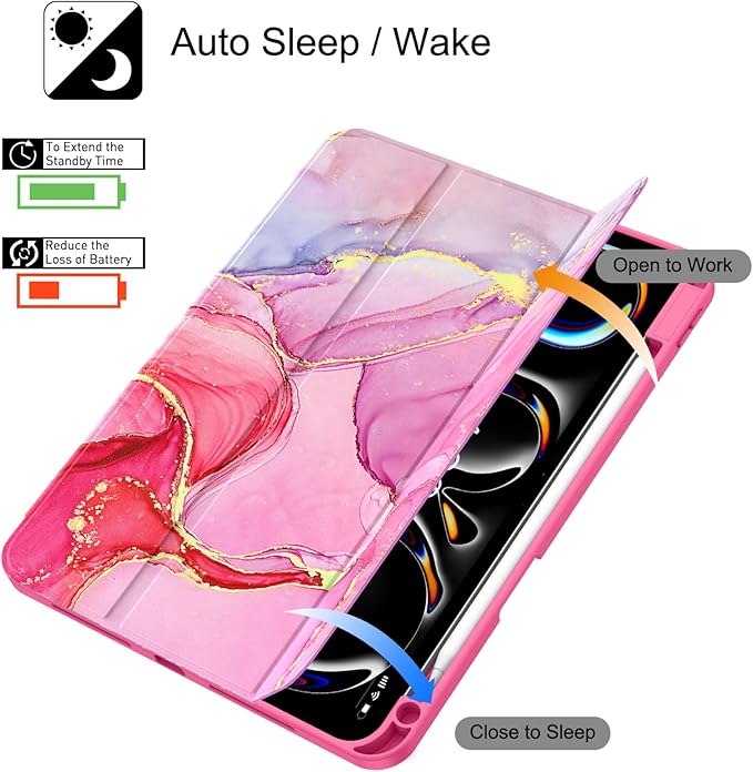 Soke Case for New iPad Pro 11 Inch (M5/M4) 5th Generation 2024-2025 with Pencil Holder - [Shockproof + Apple Pencil Charging + Auto Wake/Sleep], Soft TPU Back Cover for iPad Pro 11", Hot Pink Marble