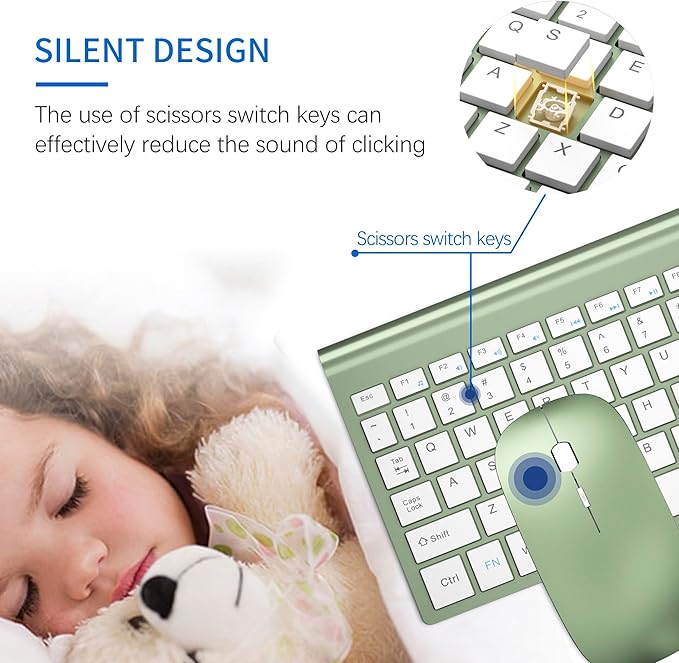 Wireless Keyboard and Mouse Ultra Slim Combo, TopMate 2.4G Silent Compact USB 2400DPI Mouse and Scissor Switch Keyboard Set with Cover, Batteries Included, for PC/Laptop/Windows/Mac - Green White