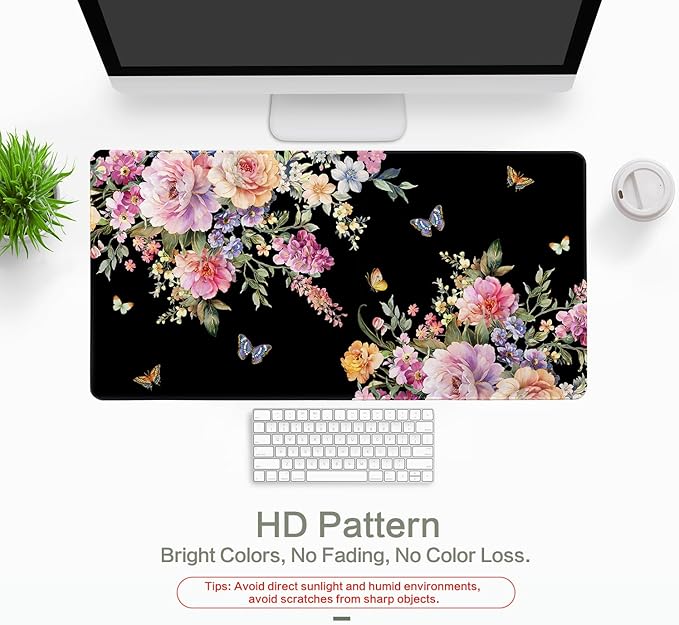 Pink Flower Desk Mat Mouse Pad Waterproof, Butterfly Floral XXL Extended Large Gaming Desk Pad Mousepad, Black Computer Laptop Keyboard Mouse Mat for Women Girls Work, Game, Office, Home 31.5x15.7 in