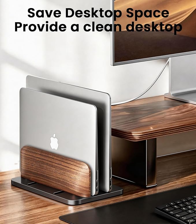 LOXP Vertical Laptop Stand, [Dual Slot Wooden + Aluminum Laptop Holder], Desktop Adjustable MacBook Stand, Adjustable Base, for MacBook Pro/Air, (up to 17.3-inch All laptops)