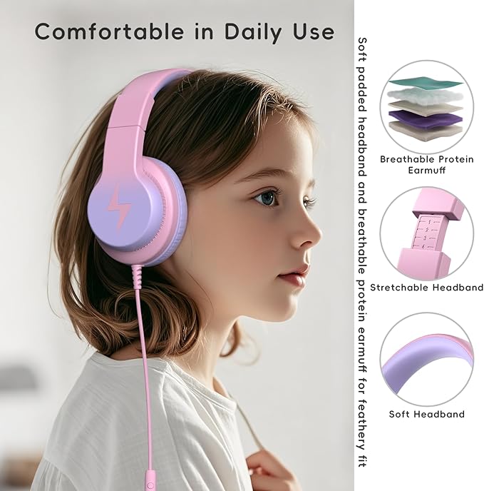 Candy Bila Kids Wired Headphones for Kids with Microphone, 85/94dB Volume Limiter Headphones for Girls Boys, Light Purple