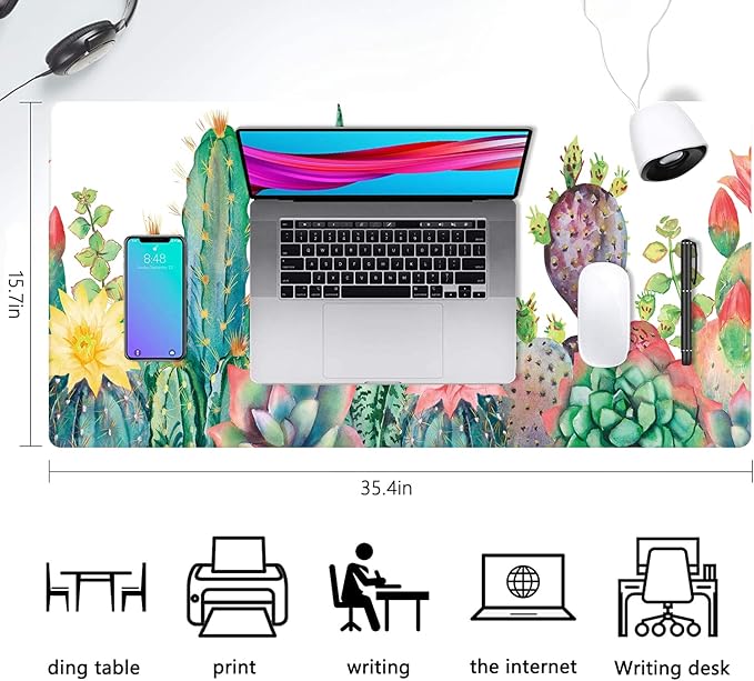 Extended Large Gaming Mouse Pad Watercolor Cactus XXL Size Keyboard Mouse Mat Desk Pad with Non Slip Rubber Base Stitched Edges Office Decor for Women Girls Men,35.4 x 15.7inch