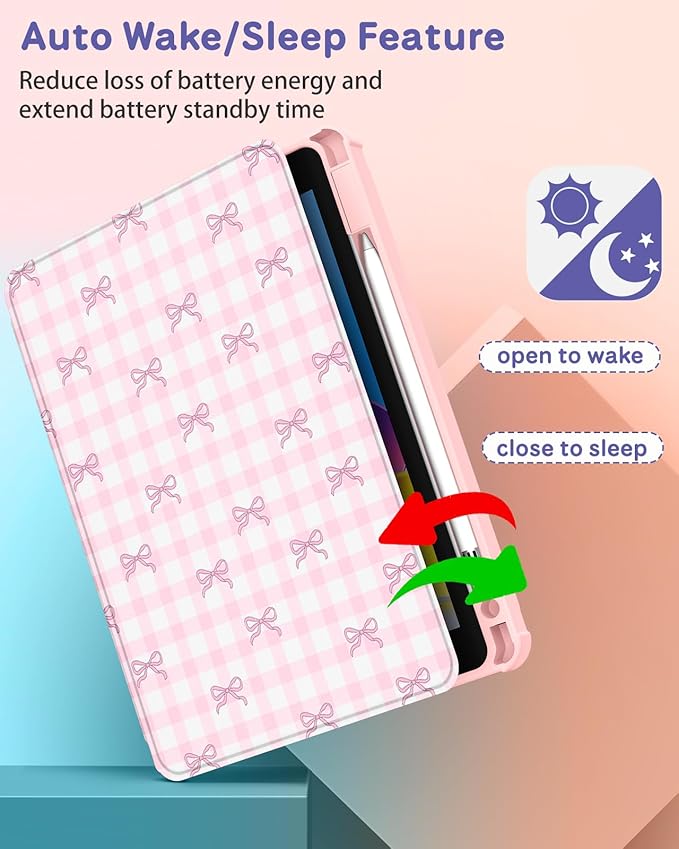 Uppuppy for iPad A16 Case for iPad 10th Generation Case 10.9 inch - 360 Degree Rotating Stand Folio Smart Cover with Pencil Holder for Women Girls, Pink Bow Checkered for Apple 10th 2022/11th 2025