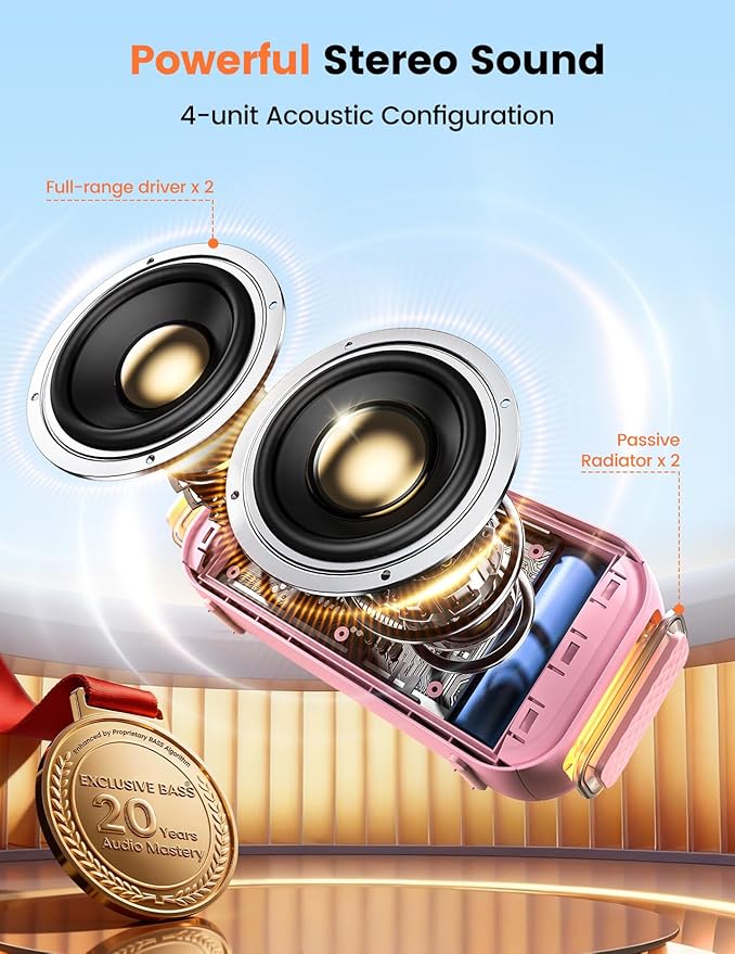 Bluetooth Speaker Stereo 20W Loud Sound: 30H Playtime, IPX5 Water Resistant, Portable Wireless Speakers, Powerful Bass, Lightshow, Birthday Gifts for Men/Adults/Teens, Beach Vacation Essentials, Pink