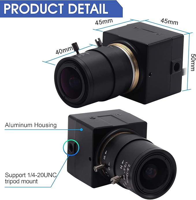 UHD 4K 30fps 2.8-12mm Varifocal Zoom Lens Mini Webcam, Plug and Play, Low Power Consumption USB Camera, Support OPENCV for Windows/Linux/Raspberry Pi/Mac