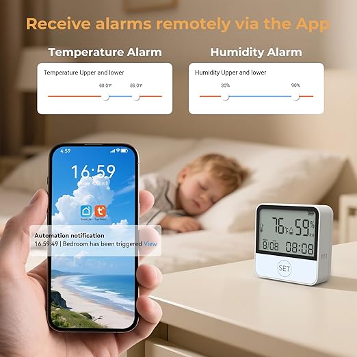 4 in 1 WiFi Thermometer Humidity Meter Baby Thermometer Hygrometer with Remote App Control Digital Temperature and Humidity Sensor for House Wine Cellar Greenhouse