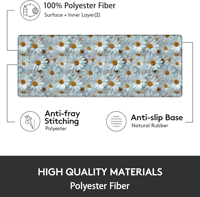 Gaming Mouse Pad, White Daisy Flower Mouse Pad, Desk Mat, Non-Slip Rubber Base MousePads for Computers Laptop Office School Home Accessories Decor 31.5" x 11.8"