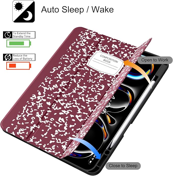 Soke Case for New iPad Pro 13 Inch (M5/M4, 2025/2024 Release), with Pencil Holder Trifold Stand Shockproof [Support Apple Pencil Charging + Auto Wake/Sleep], Soft TPU Back Cover, Book Wine