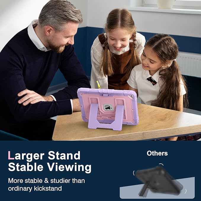 Kids Friendly Case for Apple iPad 10.2" 9th 8th 7th Generation 2021/2020/2019 Case with Pencil Holder & Shoulder Strap, Military Grade Shockproof Kickstand Hard Shell Protective Cover,Pink+Purple