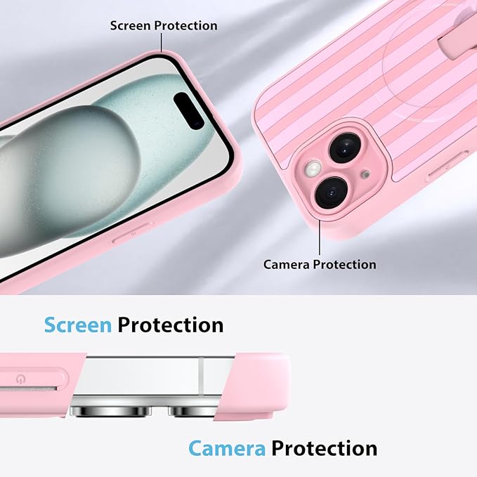 KANGHAR Compatible with iPhone 15 Case, Support for MagSafe, Silicone Stripes Cute Pattern, Wristband Kickstand Camera Protection Soft Slim Cover for Girls Women -Pink