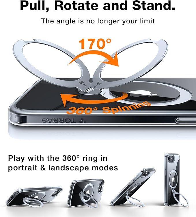 TORRAS 360 Spin for iPhone 17e Case & iPhone 16e case with Stand, Fit for MagSafe, 4X Military-Grade Protective, Stand Phone Case for iPhone 17e Case, Ring Holder Slim Cover, Crystal Clear 6.1''