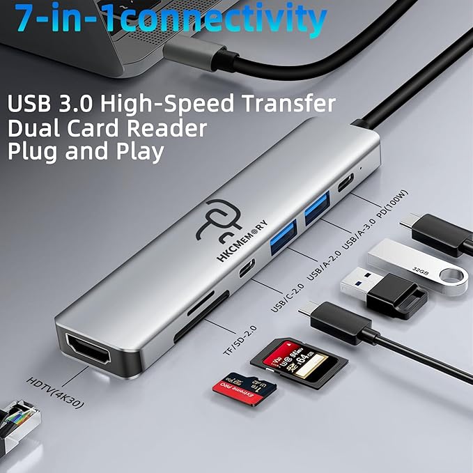 USB C Hub 7-in-1 Multi-Port Adapter, 4K HDMI Dongle, 100W PD, USB 3.0/2.0 Ports, SD/TF Card Reader, USB-C Docking Station for MacBook Mac Pro/Air, Dell XPS, HP, Lenovo Thinkpad