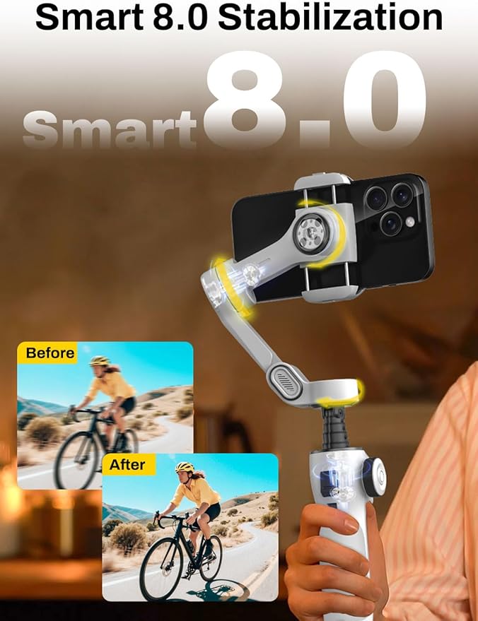 AOCHUAN Gimbal Stabilizer for iPhone & Android, 3-Axis Phone Gimbal with OLED Screen, 7.8" Extendable Rod, Face & Gesture Tracking, Ideal for Vlogging, Travel & Video Recording-Smart V8 White