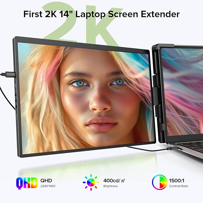 UPERFECT Laptop Screen Extender, 2K 14" 360°Unique Swivel Hinge w/ 180° Automatic Rotation, 2240x1400 QHD IPS Portable Monitor for 14"-17'' Laptops, Plug & Play with Mac, Wins, Dex (Only one Screen)