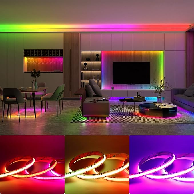 Smart WS2811 IC RGB COB LED Strip 3.2FT/1M, 720LED/m 20IC/M 10mm Width High Density Uniform Chasing Color Light DC12V White PCB Flexible Tape Light(No Adapter or Controller)