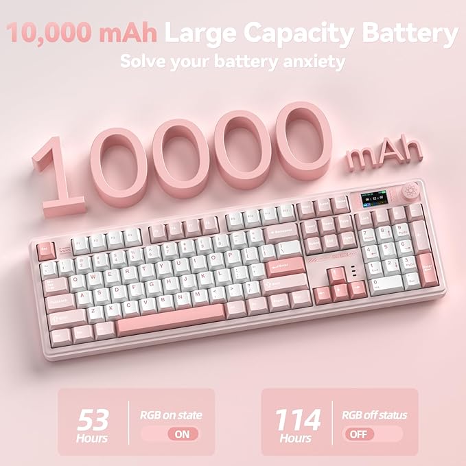 LINGBAO K108 Pro Wireless Mechanical Keyboard with Screen & Knob, Full Size Creamy Keyboard with Number Pad, 10000mAh Battery, PBT Keycaps, RGB Backlit, Hot-swappable Pink Gaming Keyboard for PC/Mac