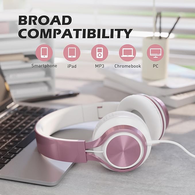 AILIHEN C8 Wired Headphones with Mic & Volume Control - Noise Isolating On-Ear Headphones for Girls School, Plug in Corded 3.5mm Headsets for Chromebook Laptop Computer PC Tablets Travel (Rose Gold)