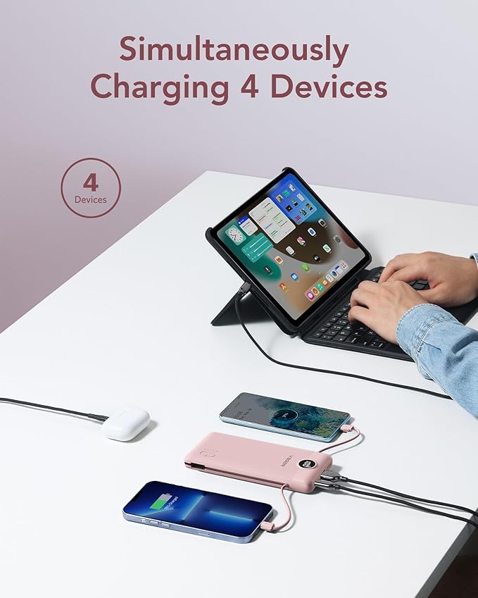VEGER Portable Charger with Built-in AC Plug and Cables, All in One 10000mAh Ultra Slim Power Bank Travel Essentials, Fast Charging Battery Pack Compatible with iPhone, Samsung, Android (Crepe)