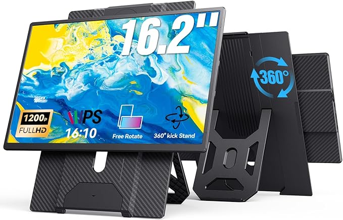 16.2'' Portable Monitor FHD 1200P USB-C/HDMI with Retractable Stand & Speakers, Ultra-Slim Computer Display HDR Eye Care Laptop Screen Plug-Play, External Monitor for MAC PC Phone PS4 Xbox