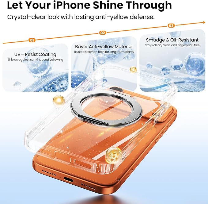 360°Ring Stand for iPhone 17 Pro Max Case with 1X Screen Protector +1X Camera Cover,Fit for MagSafe, Anti-Yellowing & Scratch-Resistant Back Phone Case for iPhone 17 Pro Max 6.9", Clear Glitter Stand