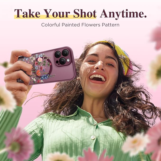 GVIEWIN for iPhone 15 Pro Case Compatible with MagSafe, [Military Grade Protection] [Screen Protector] Full Camera Protection Floral Translucent Women Magnetic Phone Case, Wild Petals/Red