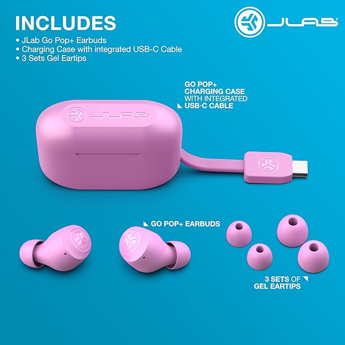 JLab Go Air Pop+, True Wireless Earbuds, Bluetooth Earbuds with Microphone, Dual Connect, EQ3 Sound, Pink