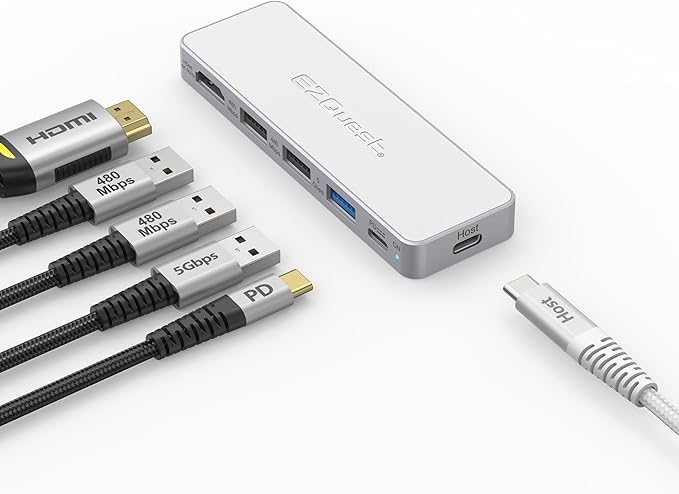USB-C 5-in-1 Hub Pro Series: 4K 60Hz HDMI, 100W PD Charging, USB 3.0 Data, 20" Detachable Cable. Multiport Adapter for MacBook Pro/Air, iPad, Windows, Thunderbolt 3/4 (Silver White)