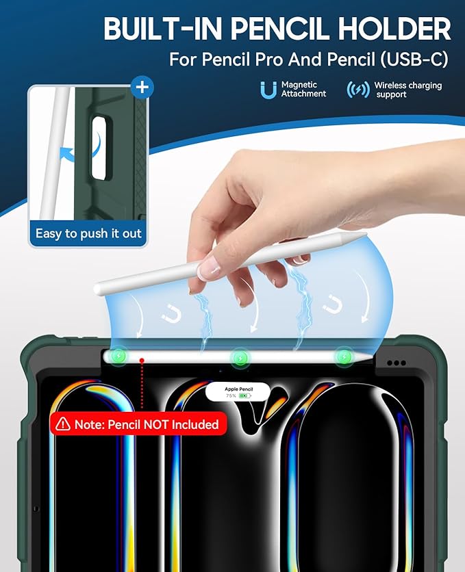 Case for iPad Pro 11 Inch Case (M5 2025/ M4 2024) with Pencil Holder, Built-in Stand, Military Grade Shockproof Protective Cover for iPad Pro 11" (Dark Green)