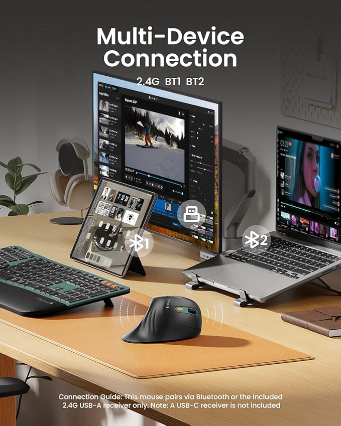 ProtoArc Ergonomic Mouse, EM11 NL Bluetooth Rechargeable Wireless Vertical Mouse, 3 Multi-Device Connectivity for Computer/PC/Laptop, 2.4GHz USB-A Optical Mice for Windows, Mac OS, Green