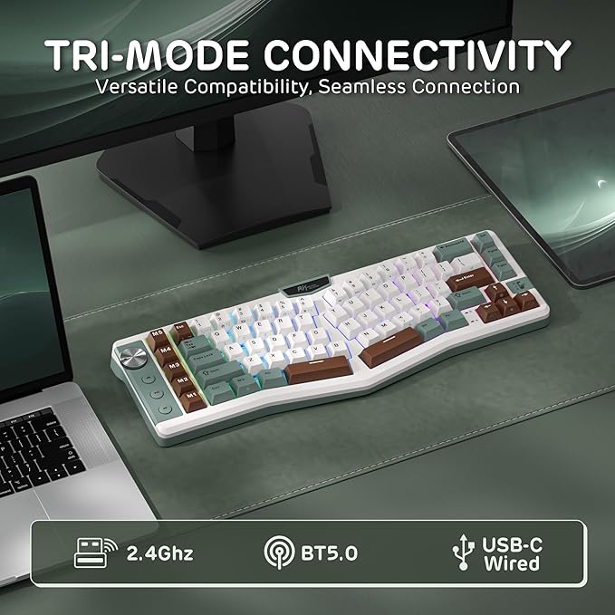 RK ROYAL KLUDGE A72 Alice Ergonomic Wireless Mechanical Keyboard w/Knob/Macro Keys/Touchable Nameplate, Tri-Mode 68% 72-Key Gasket Keyboard BT/2.4G/USB-C, Hot Swap, Win/Mac Software, 7500mAh Battery