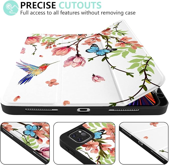 MEEgoodo for iPad Pro M2 12.9 Case 6th/5th/4th/3rd Generation 2022 2021 2020 2018 with Pencil Holder, Tablet Cover with Soft TPU Back Shell, Birds & Flowers
