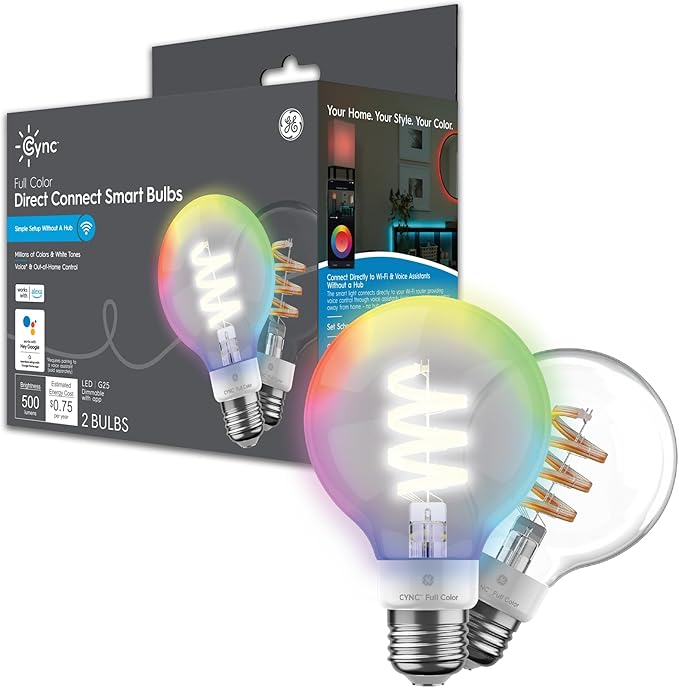Cync GE Smart LED Light Bulbs, G25 Globe Bulb, Room Décor Aesthetic, Color Changing Light Bulbs, 60W Equivalent, Works with Amazon Alexa and Google Home (2 Pack)