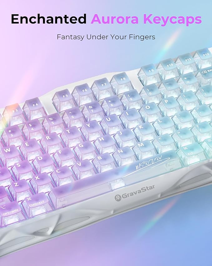 GravaStar Mercury K1 Lite 75% Gaming Keyboard, 2.4GHz/BT/Wired Tri-Mode Wireless Keyboard, Clear Keycaps Gasket Hot Swappable Mechanical Keyboard, Pre-lubed Linear Switches, RGB Backlit-Crystal Aurora