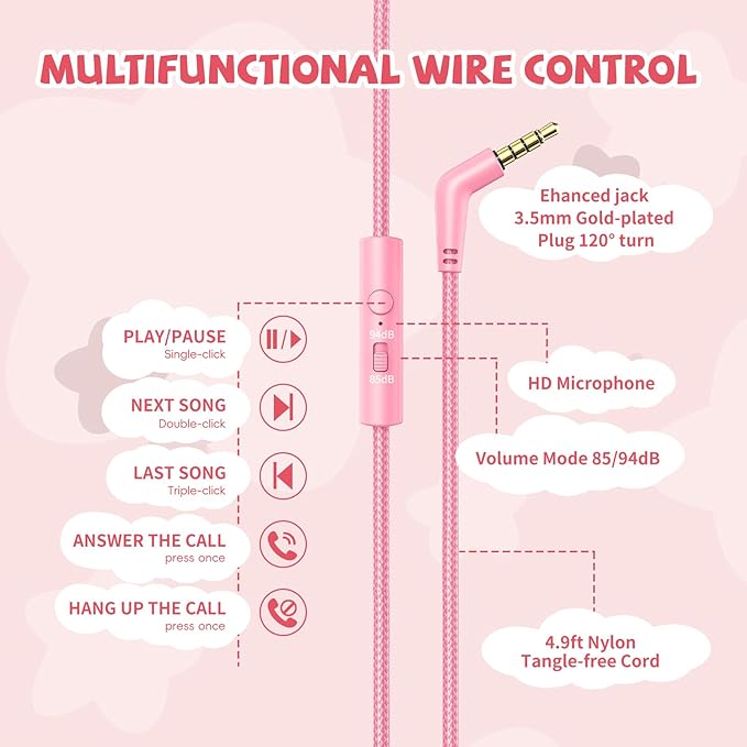 Kids Headphones with Microphone for School, 85/94 dB Volume Limit, Wired Over Ear Girls Headphones for Kids with Stereo Sound 3.5mm Wired Cord for Kindle Tablet Airplane Travel, Pink