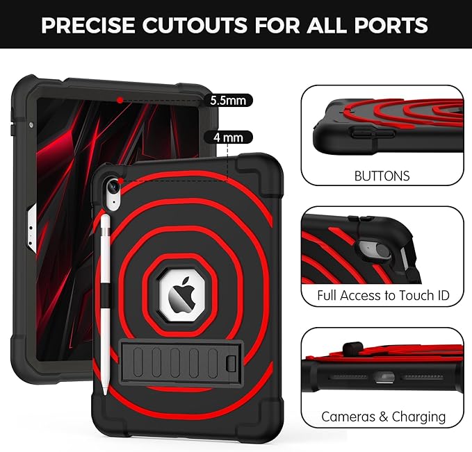 SIBEITU for iPad A16 Case 11th Generation 11 inch 2025 / iPad 10th Generation 10.9 Inch 2022, Rugged Shockproof Military Grade Protective Cover Built-in Kickstand & Pencil Holder (Black+Red)
